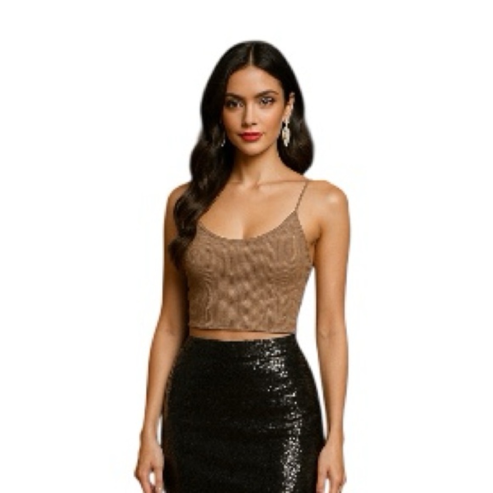 Urban Outfitters Sparkly Ribbed Crisscross Cami‎ Top Brown Nude Y2K Size M